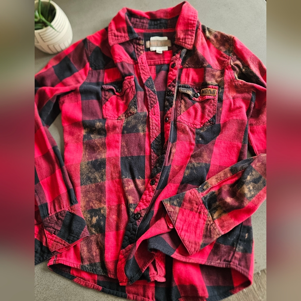 Custom Red and Black Plaid Flannel Shirt Kids L/ womens/xs